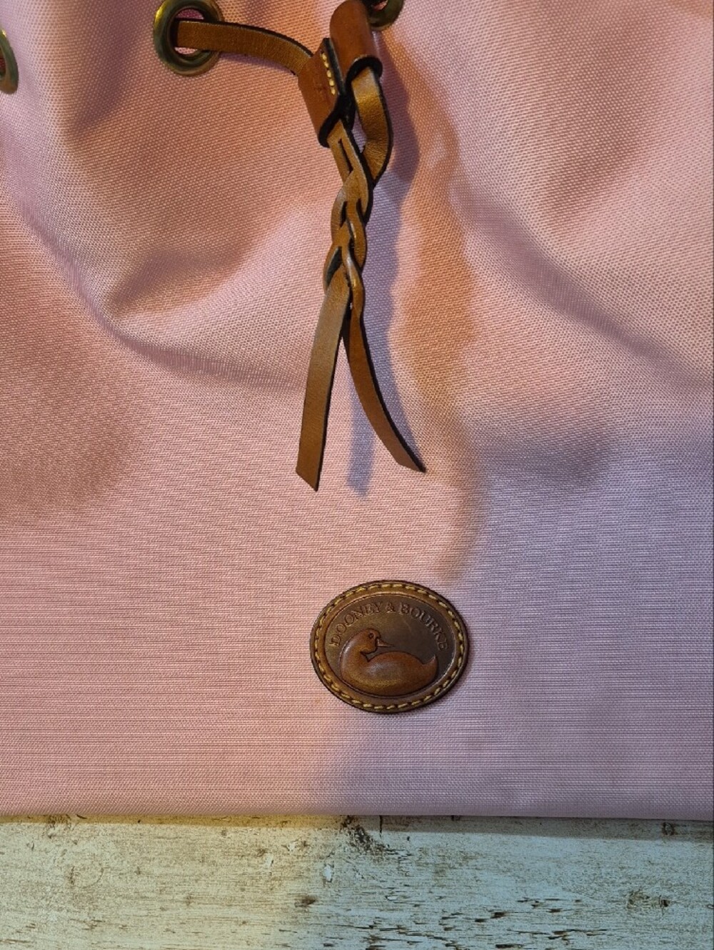 Dooney & Bourke Pink Canvas Drawstring Shoulder Bag with Brown Leather Trim - Picture 11 of 12